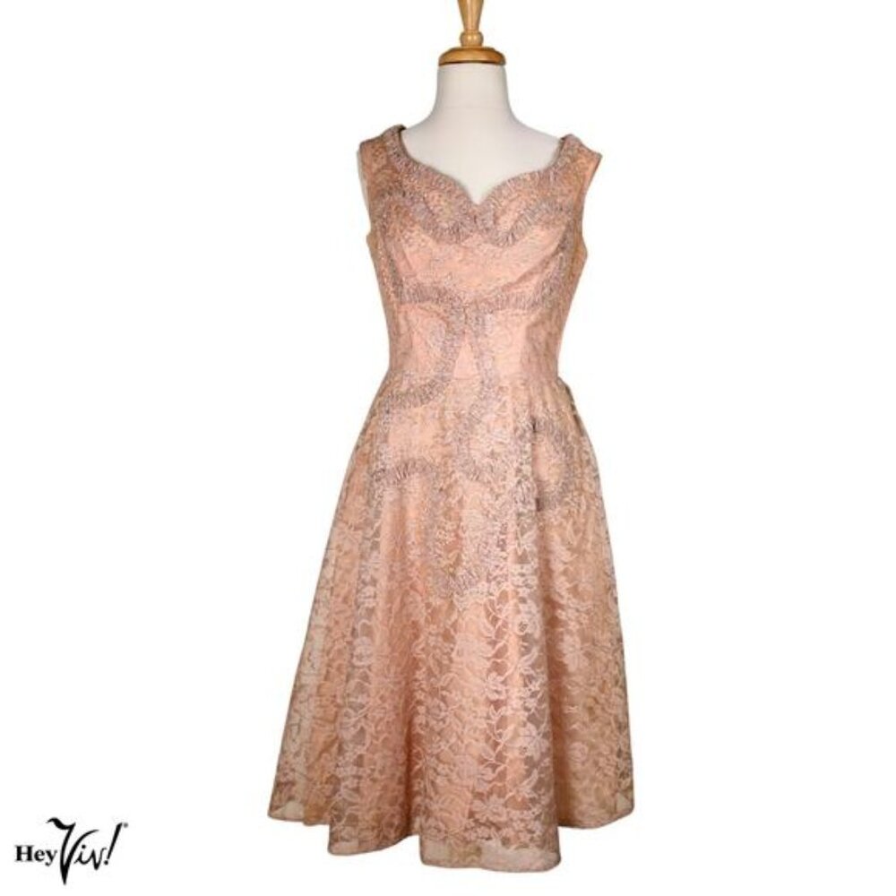 Vintage 50s Party Dress Sequin Pink Lace Sweetheart Neckline Sm B36 W26 -Hey Viv